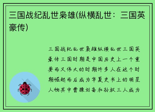 三国战纪乱世枭雄(纵横乱世：三国英豪传)