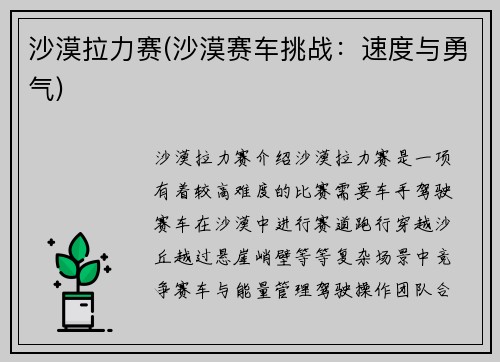 沙漠拉力赛(沙漠赛车挑战：速度与勇气)